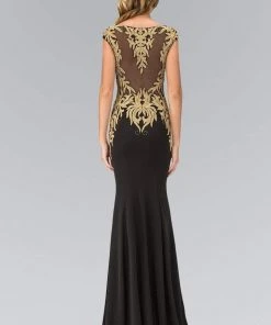 Elizabeth K - GL1417 Bateau Neckline With Gold Applique Embellishment Gown Formal Gowns