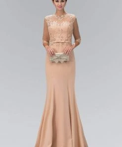 Elizabeth K - GL1423 Sheer Neckline With Three Quarter Sleeves Gown