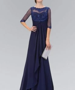 Formal Gowns Elizabeth K - GL1424 Sheer Sleeves And Back Chiffon A-line Gown