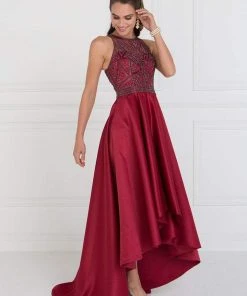 Elizabeth K - GL1501 Jewel Embellished Mikado High Low Dress