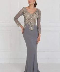 Formal Gowns Elizabeth K - GL1502 Jewel Embellished Long Sleeves Fitted Dress