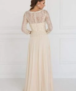 Formal Gowns Elizabeth K - GL1509 Scalloped Quarter Sleeve Lace Bodice A-Line Gown