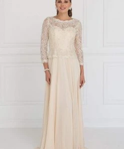 Formal Gowns Elizabeth K - GL1509 Scalloped Quarter Sleeve Lace Bodice A-Line Gown