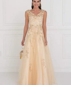 Formal Gowns Elizabeth K - GL1517 Floral Embroidered Cap Sleeves Gown