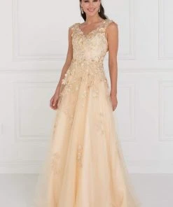 Formal Gowns Elizabeth K - GL1517 Floral Embroidered Cap Sleeves Gown