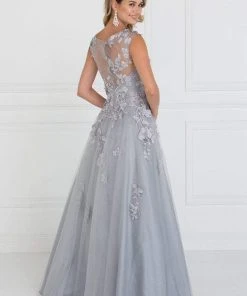 Formal Gowns Elizabeth K - GL1517 Floral Embroidered Cap Sleeves Gown