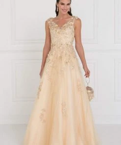 Formal Gowns Elizabeth K - GL1517 Floral Embroidered Cap Sleeves Gown