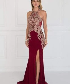 Elizabeth K - GL1519 Jeweled Gilt Lace High Halter Gown Formal Gowns