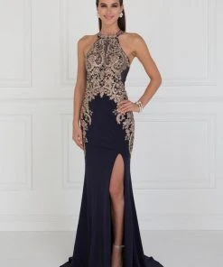 Elizabeth K - GL1519 Jeweled Gilt Lace High Halter Gown Formal Gowns