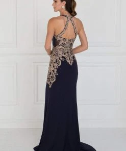 Elizabeth K - GL1519 Jeweled Gilt Lace High Halter Gown Formal Gowns