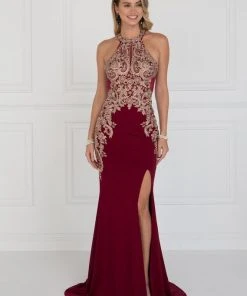 Elizabeth K - GL1519 Jeweled Gilt Lace High Halter Gown Formal Gowns