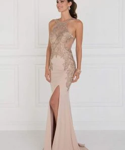 Elizabeth K - GL1519 Jeweled Gilt Lace High Halter Gown Formal Gowns