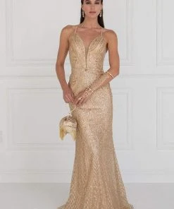 Elizabeth K - GL1546 Embellished Deep V-neck Sheath Dress Formal Gowns