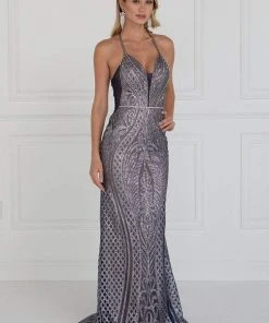 Elizabeth K - GL1546 Embellished Deep V-neck Sheath Dress Formal Gowns