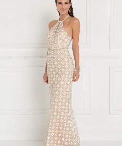 Elizabeth K - GL1548 Beaded Halter Tulle Sheath Dress