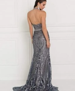 Formal Gowns Elizabeth K - GL1549 Plunging Cutout High Halter Metallic Beaded Gown