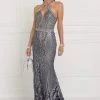 Formal Gowns Elizabeth K - GL1549 Plunging Cutout High Halter Metallic Beaded Gown