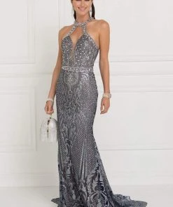 Formal Gowns Elizabeth K - GL1549 Plunging Cutout High Halter Metallic Beaded Gown