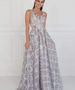 Elizabeth K - GL1550 Floral Embroidered Lattice Tulle A-Line Gown Formal Gowns