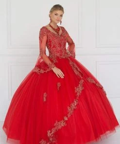 Elizabeth K - GL1561 Embellished Sheer Long Bell Sleeve Ballgown