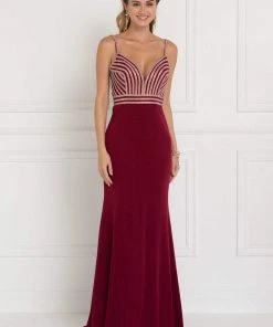 Elizabeth K - GL1562 Beaded V-neck Jersey Sheath Dress