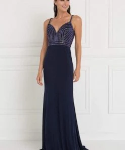 Elizabeth K - GL1562 Beaded V-neck Jersey Sheath Dress 10 Elizabeth K - GL1562 Beaded V-neck Jersey Sheath Dress