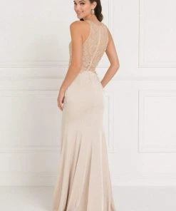 Formal Gowns Elizabeth K - GL1568 Bedazzled Illusion Halter Sheath Dress