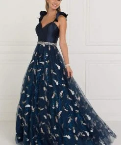 Elizabeth K - GL1578 Ruffled Cap Sleeve Floral Embroidered Ballgown Formal Gowns