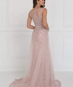 Elizabeth K - GL1583 Illusion Bateau Appliqued Tulle Overlay Gown Formal Gowns