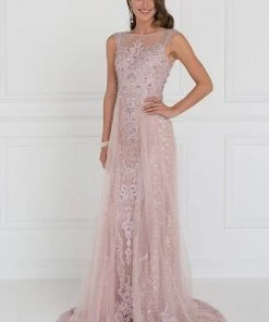 Elizabeth K - GL1583 Illusion Bateau Appliqued Tulle Overlay Gown Formal Gowns