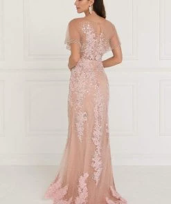 Elizabeth K - GL1585 Beaded Lace Dolman Sleeve Sheath Dress