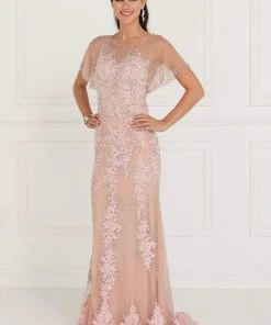 Elizabeth K - GL1585 Beaded Lace Dolman Sleeve Sheath Dress