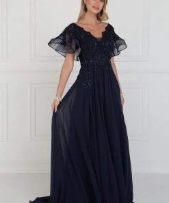 Elizabeth K - GL1587 Short Butterfly Sleeve Floral Lace A-Line Gown