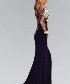 Formal Gowns Elizabeth K - GL2038 One Sleeve With Embellishment Jersey Gown