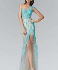 Elizabeth K - GL2051 Laced Asymmetrical Neck Mesh Gown Formal Gowns