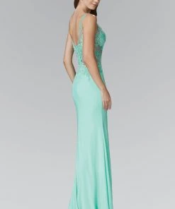 Formal Gowns Elizabeth K - GL2052 Sheer Lace Applique Sheath Gown