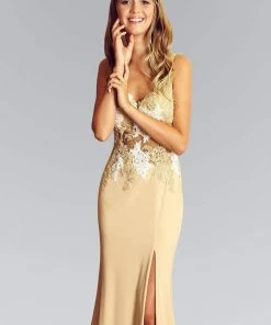 Formal Gowns Elizabeth K - GL2052 Sheer Lace Applique Sheath Gown