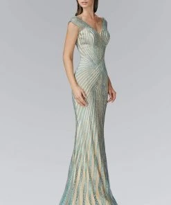 Elizabeth K - GL2053 Radial Beaded Mesh Sheath Gown