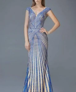 Elizabeth K - GL2053 Radial Beaded Mesh Sheath Gown
