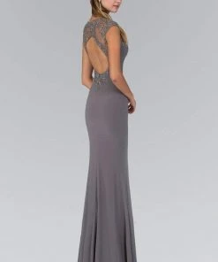 Elizabeth K - GL2058 Embellished High Neckline Keyhole Gown - 1 Pc. Gray In Size XS Available Formal Gowns