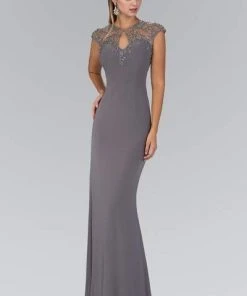 Elizabeth K - GL2058 Embellished High Neckline Keyhole Gown - 1 Pc. Gray In Size XS Available Formal Gowns
