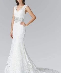 Elizabeth K Bridal Elizabeth K - GL2078 V-neckline With Open Back Lace Trumpet Gown Formal Gowns