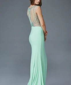 Elizabeth K - GL2082 Bejeweled Sheer Bodice And Back Sheath Gown