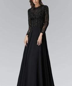 Formal Gowns Elizabeth K - GL2097 Long Sleeve Beaded Chiffon A-line Gown
