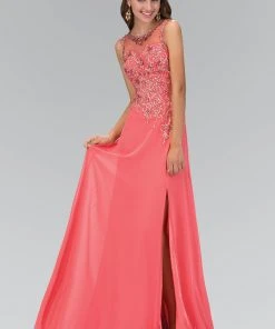 Elizabeth K - GL2118 Embellished Illusion High Neck A-Line Gown Formal Gowns
