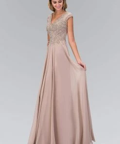 Elizabeth K - GL2119 Bead Embellished V-Neck Chiffon Gown