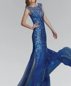 Elizabeth K - GL2137 Sequined Bateau Neck Tulle Trumpet Gown