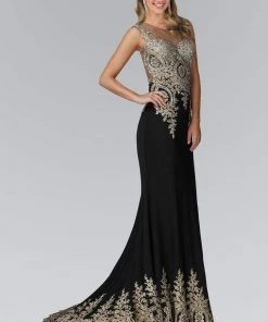 Formal Gowns Elizabeth K - GL2166 Beaded Illusion Scoop Neck Jersey Dress