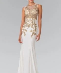 Formal Gowns Elizabeth K - GL2230 Embroidered Bateau Neck Jersey Trumpet Dress