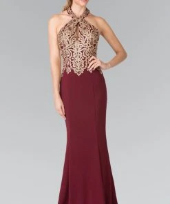 Formal Gowns Elizabeth K - GL2231 Embroidered Halter Jersey Trumpet Dress 12 Formal Gowns Elizabeth K - GL2231 Embroidered Halter Jersey Trumpet Dress